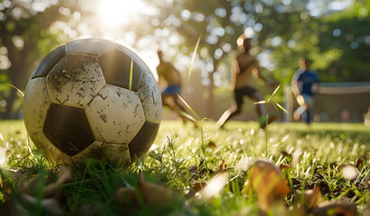 Soccer ball on the background of a field with children