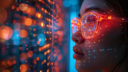 Poster - A close-up shot of a person wearing glasses that project holographic images, perhaps during a futuristic philosophy class.