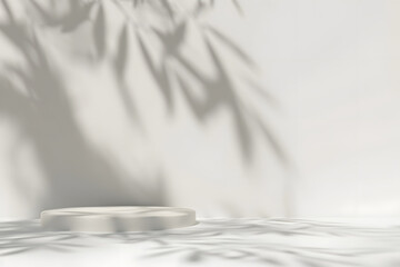 Wall Mural - 3d empty modern, minimal counter, table top in dappled sunlight and foliage leaf shadow on white wal