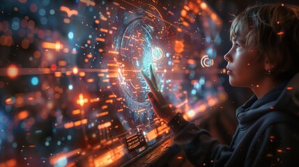 Poster - A student interacts with a holographic display, learning about social studies in a futuristic classroom setting.