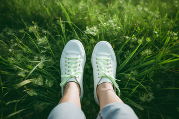 Close-up of female legs in white sneakers on green grass background