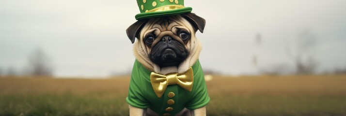 St. Patrick's day wide panoramic header with funny pug wearing green clothes. Background with copy space.