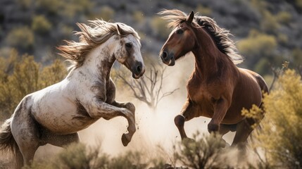 Naklejka na meble Two wild horses are fighting. Nature outdoor background.