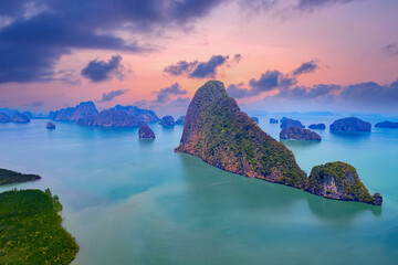 Wall Mural - Sunset landscape Phang Nga river and national park with mangrove jungle bay, aerial view. Amazing nature landmark of Thailand