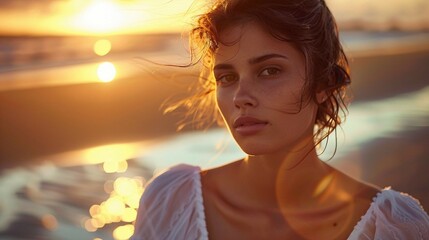 Wall Mural - A model poses on a deserted beach at sunrise. AI generate illustration