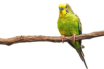Wall Mural - A photo of a budgerigar perched on a branch isolated against a white background. The bird is the focal point of attention, creating a visually appealing and eye-catching composition.
