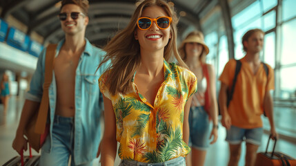 group of friends at airport, ready for summer vacation, stylish and vibrant, day of tourism