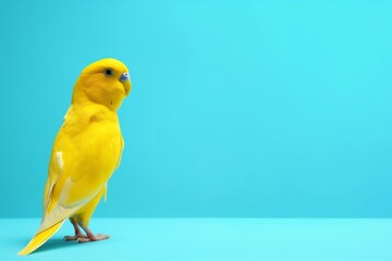 Wall Mural - A studio photo of a yellow budgerigar perched on a branch isolated against a blue background. The bird is the focal point of attention, creating a visually appealing and eye-catching composition.