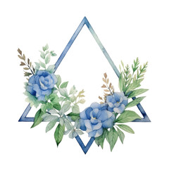 Wall Mural - Watercolor floral frame with blue flowers and greenery on a white background. Thin picture frame decorated with blue flower. Elegant botany concept for wedding stationery and design template. AIG35.