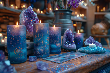 Taro cards on the tables with candles, decorated by mystery items.