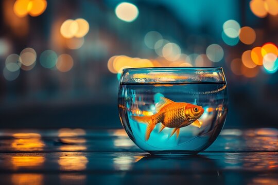 A photo of a goldfish in a fishbowl, with cinematic lighting and a bokeh background.