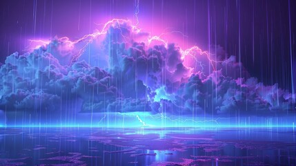 Wall Mural - Illustrating a futuristic thunderstorm weather and meteorology concept glowing clouds rain showers and lightning are depicted