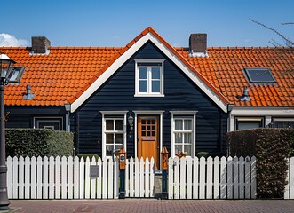 Modern Dutch house with a white picket fence in the Netherlands