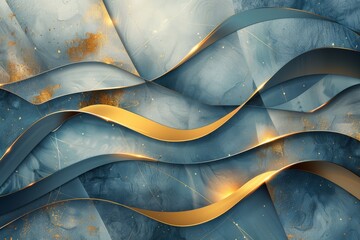 Wall Mural - A series of gold and blue waves that are painted on a wall