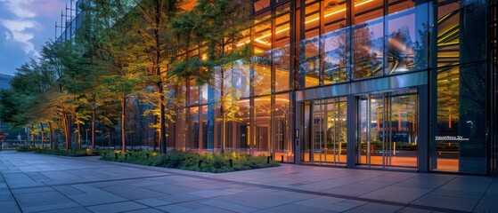 Sticker - modern architecture expo building with wood and glass, dusk sky, large canopy over the entrance doors