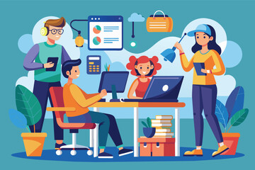 Poster - A cartoon image of four people working together in an office environment, featuring a desktop computer, a laptop, and other office items.