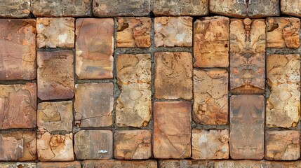 Wall Mural - Close-up view of a textured brick wall, displaying an aged and rustic appearance. Perfect for backgrounds, architectural elements, and vintage-themed designs.