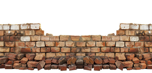 Poster - Partially demolished brick wall with scattered bricks at the base, showing a rustic and weathered texture. Suitable for construction themes, architectural studies, and historical documentation.