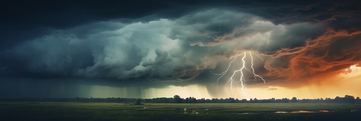 Wall Mural - dramatic huge clouds of thunderstorm on sky with sunset
