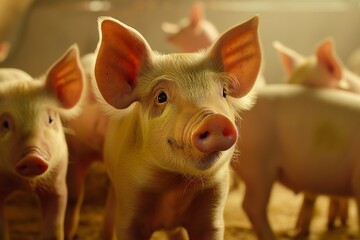 Wall Mural - Close-up photo of cute piglets outside in a field, focusing on their expressive eyes and soft pink skin. The background is blurred to highlight the adorable young pigs. 