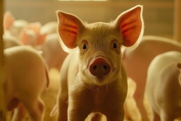 Wall Mural - Close-up photo of cute piglets outside in a field, focusing on their expressive eyes and soft pink skin. The background is blurred to highlight the adorable young pigs. 