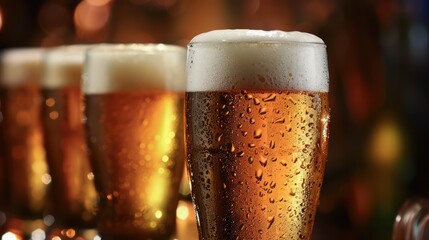 Close-up image showing a row of cold beer glasses with froth on top, condensation, and a blurred background