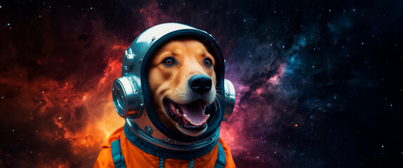 Wall Mural - Dog in a spacesuit Colorful space galaxy cloud nebula, cosmos background wallpaper