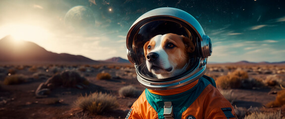 Wall Mural - Dog in a spacesuit Colorful space galaxy cloud nebula, cosmos background wallpaper