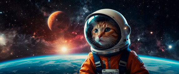 Wall Mural - Cat in a spacesuit Colorful space galaxy cloud nebula, cosmos background wallpaper