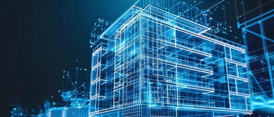 Engineer crafts holographic building blueprint on virtual interface, set against futuristic blue and white office backdrop