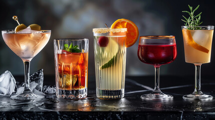 Wall Mural - A row of few drinks on the stone counter