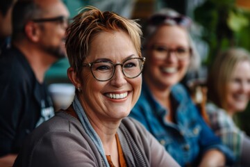 Poster - Portrait of a smiling businesswoman with colleagues in the background.