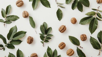 Walnuts with foliage against a white backdrop