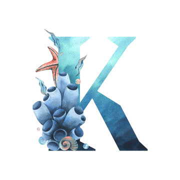 Capital letter K, part of the Latin alphabet decorated in a wet theme with corals, shells, algae, bubbles, blue and coral colors. Hand drawn watercolor illustration. Element isolated from background.