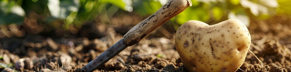Close-up of a heart-shaped potato with slightly blurred potato foliage and a garden tool in the background. 