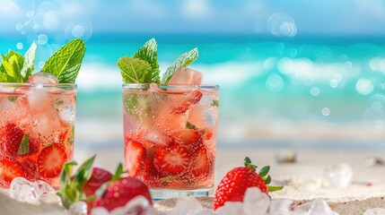 Canvas Print - Refreshing strawberry mojito cocktails served with ice with a sandy beach in the background