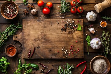 Wall Mural - Cooking background with cutting board, spices, herbs and vegetables on a wooden kitchen table. Top view with copy space