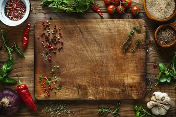 Wall Mural - Cooking background with cutting board, spices, herbs and vegetables on a wooden kitchen table. Top view with copy space