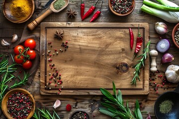 Wall Mural - Cooking background with cutting board, spices, herbs and vegetables on a wooden kitchen table. Top view with copy space