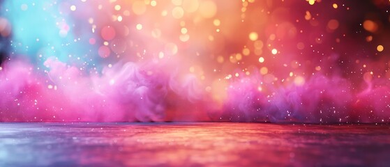 Stage bursts with color dust, featuring blurred elements in the foreground