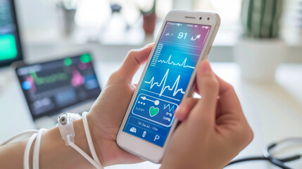 A person is holding a cell phone that displays a heart rate monitor