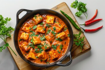 Indian-style cottage cheese vegetarian curry dish. Kadai Paneer - traditional Indian food. paneer tikka masala in a pan on a wooden board on a white background