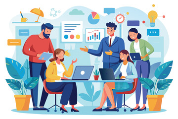 Poster - A team of diverse business professionals work together in an office setting, collaborating on a project strategy.