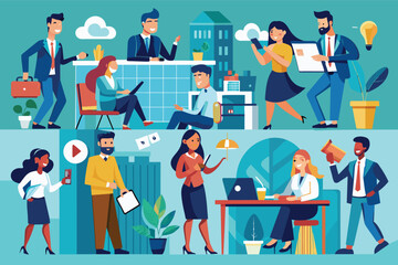 Poster - A colorful illustration depicting a diverse team of office workers collaborating and interacting in a modern workplace setting.