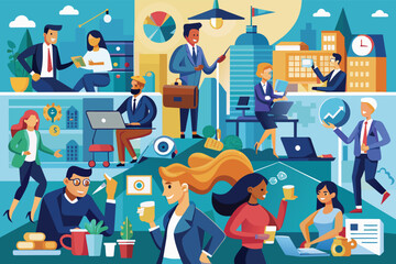 Poster - An illustration depicting a diverse group of professionals collaborating in a vibrant office environment.