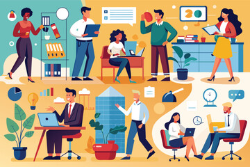 Poster - A vibrant illustration depicting a busy office environment with diverse workers collaborating, communicating, and working on various tasks.