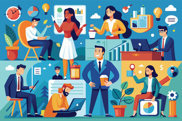 Poster - An illustration depicting a diverse group of professionals collaborating and working together in a modern office environment.