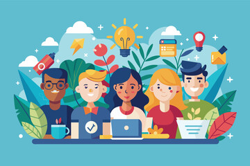 Poster - An illustration of a diverse team of four people working together on creative ideas and projects.