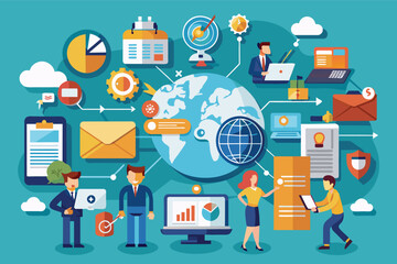 Poster - An illustration depicting a global business network with people working on computers, tablets, and charts. The image represents the interconnectedness of global business operations.