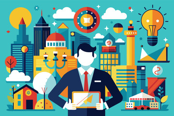Poster - A businessman stands in front of a busy city skyline, holding a tablet with a paper airplane icon on the screen.